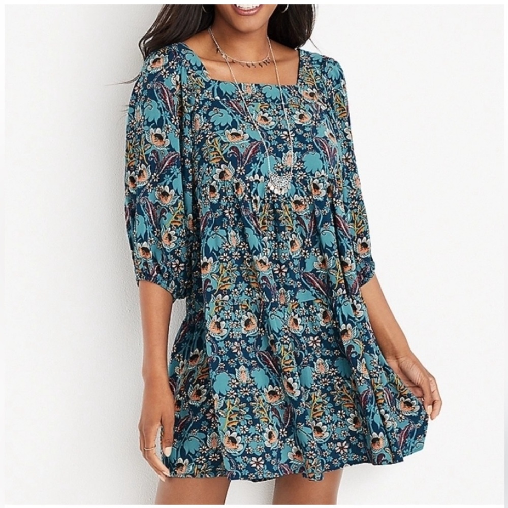 Maurices Teal Floral Babydoll Mini Dress Size XL